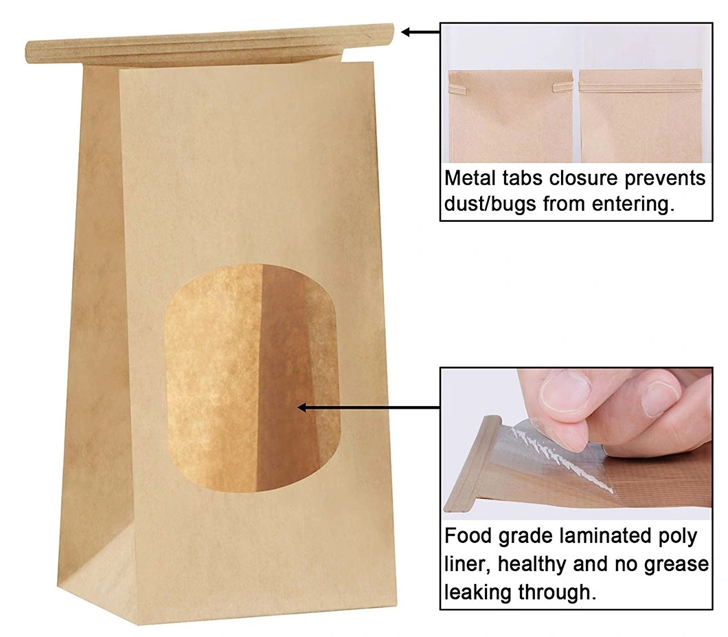 Custom Grease Proof Biodegradable Tin Tie Bag Flat Bottom Kraft Paper for Butter Cake Packaging Bag