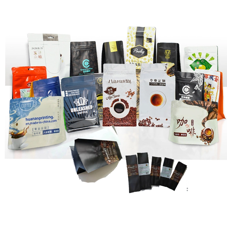 Custmized 4 Sides Sealing Gusset Sides Pouches Bio Degradable Kraft Paper Aluminum Foil Material Valve for Coffee Packing.